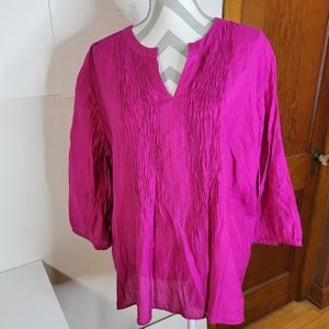 Chicos Bright Pink Pin tucked Beaded top Size 3 elbow 3/4 button cuff Sleeves